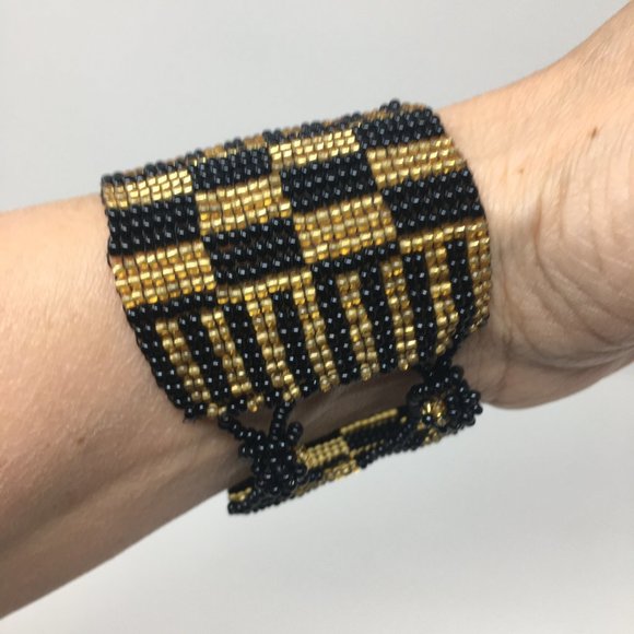 Art Deco Inspired Gold Black Wide Loom Woven Seed Bead Cuff Bracelet - Picture 4 of 16